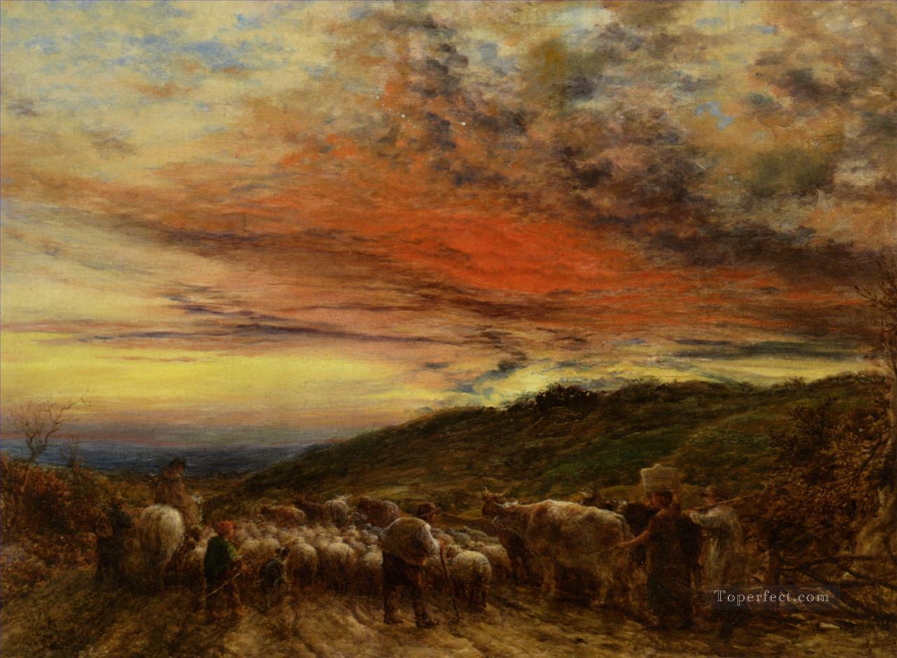 Linnell John Homeward Bound coucher de soleil 1861 moutons Peintures à l'huile